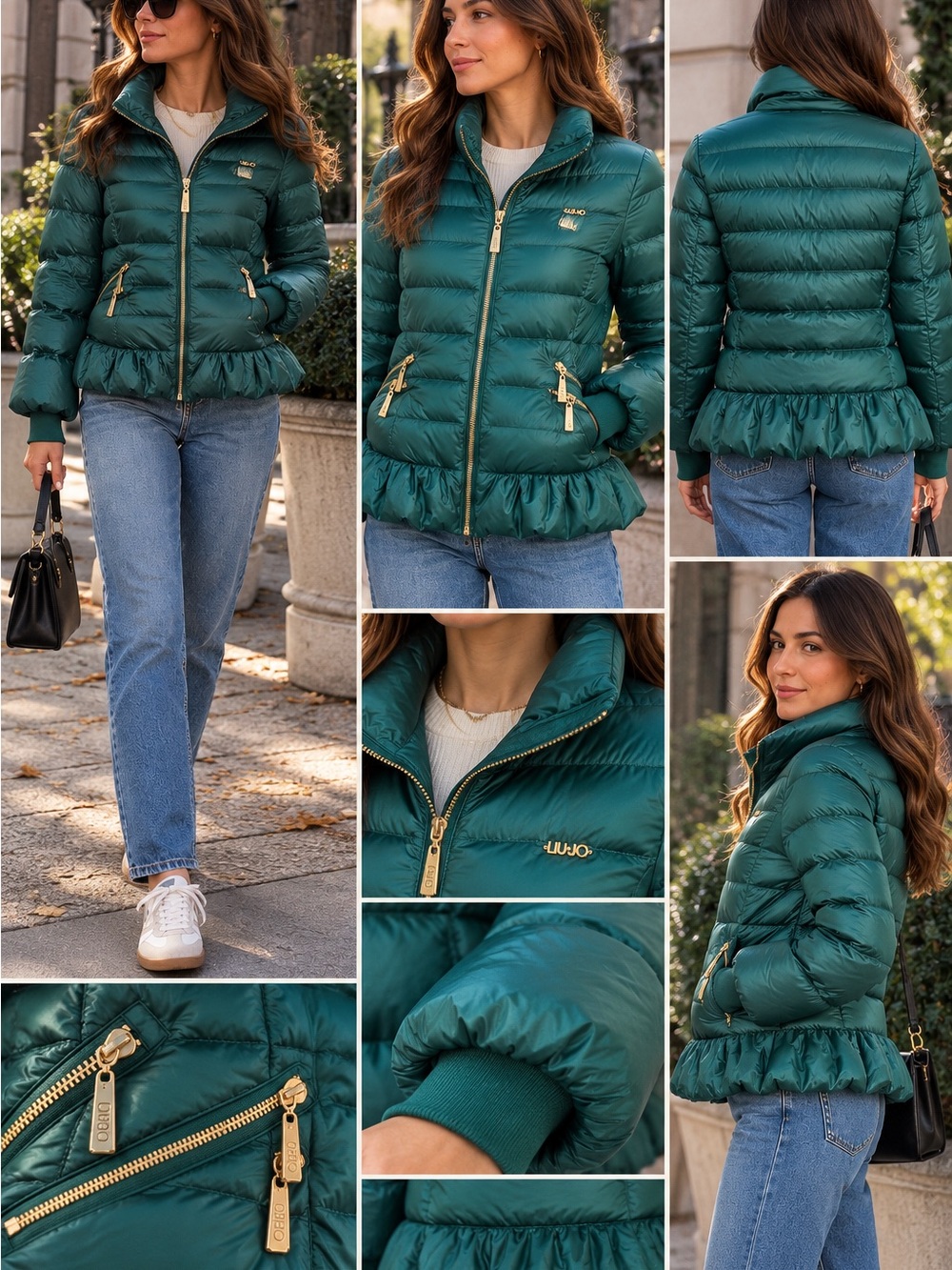 Liu Jo Teal-Green Quilted Puffer Jacket with Peplum Hem